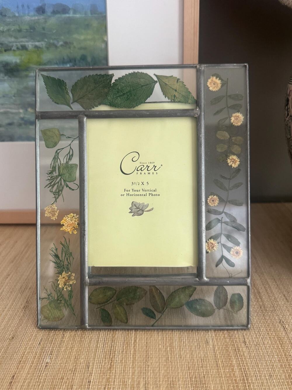 Vintage 1990s Carr Pressed Botanical Double Glass & Metal 5x7 Picture Frame